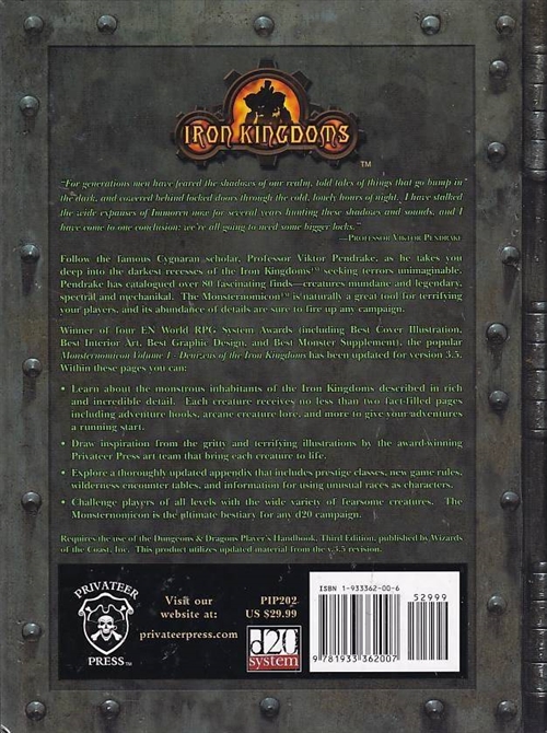 D&D 3.5 - Iron Kingdoms - Monsternomicon Vol 1 (B-Grade) (Genbrug)